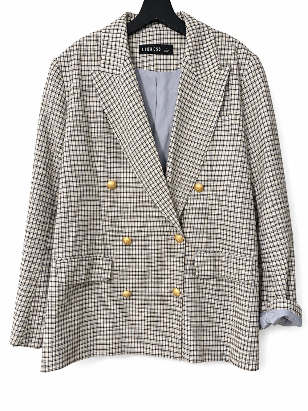Lioness Black & Cream Checked Double-Breasted Blazer with Gold Buttons